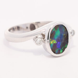 White Gold Blue Green Yellow Orange Solid Australian Boulder Opal and Diamond Engagement Ring