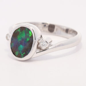 White Gold Blue Green Yellow Orange Solid Australian Boulder Opal and Diamond Engagement Ring