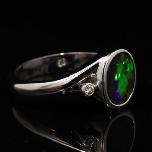 White Gold Blue Green Yellow Orange Solid Australian Boulder Opal and Diamond Engagement Ring