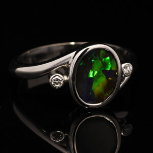 White Gold Blue Green Yellow Orange Solid Australian Boulder Opal and Diamond Engagement Ring