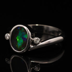 White Gold Blue Green Yellow Orange Solid Australian Boulder Opal and Diamond Engagement Ring