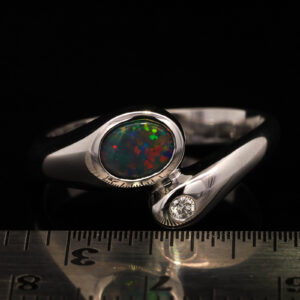 White Gold Blue Green Yellow Orange Red Solid Australian Black Opal and Diamond Engagement Ring