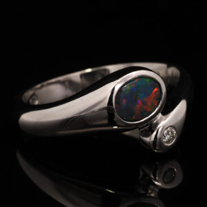 White Gold Blue Green Yellow Orange Red Solid Australian Black Opal and Diamond Engagement Ring