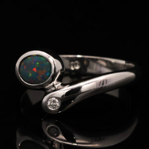 White Gold Blue Green Yellow Orange Red Solid Australian Black Opal and Diamond Engagement Ring