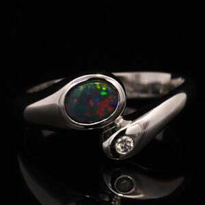 White Gold Blue Green Yellow Orange Red Solid Australian Black Opal and Diamond Engagement Ring