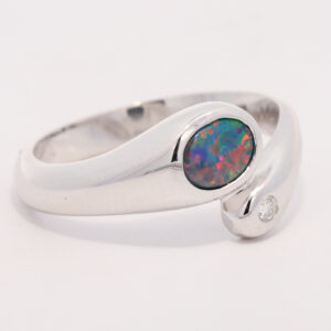White Gold Blue Green Yellow Orange Red Solid Australian Black Opal and Diamond Engagement Ring