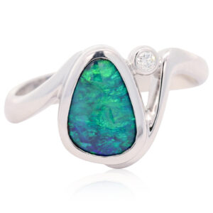 White Gold Blue Green Solid Australian Black Opal and Diamond Engagement Ring