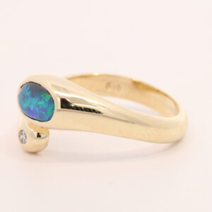 Yellow Gold Blue Green Solid Australian Black Opal and Diamond Engagement Ring