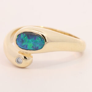 Yellow Gold Blue Green Solid Australian Black Opal and Diamond Engagement Ring