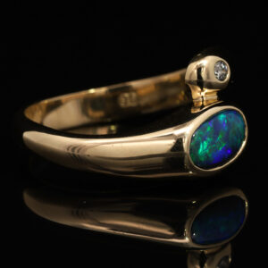 Yellow Gold Blue Green Solid Australian Black Opal and Diamond Engagement Ring