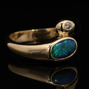 Yellow Gold Blue Green Solid Australian Black Opal and Diamond Engagement Ring