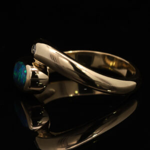 Yellow Gold Blue Green Solid Australian Black Opal and Diamond Engagement Ring
