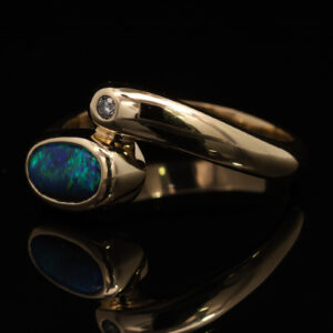 Yellow Gold Blue Green Solid Australian Black Opal and Diamond Engagement Ring