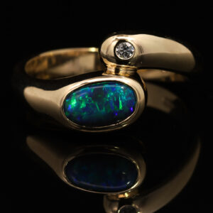 Yellow Gold Blue Green Solid Australian Black Opal and Diamond Engagement Ring