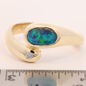 Yellow Gold Blue Green Solid Australian Black Opal and Diamond Engagement Ring