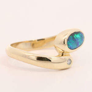 Yellow Gold Blue Green Solid Australian Black Opal and Diamond Engagement Ring