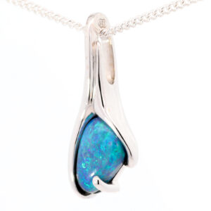 White Gold Blue Green Solid Australian Black Opal Pendant Necklace