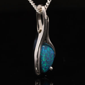 White Gold Blue Green Solid Australian Black Opal Pendant Necklace