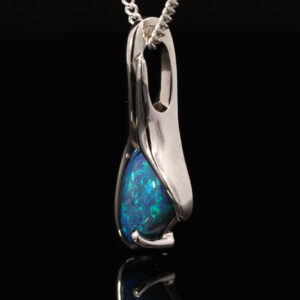 White Gold Blue Green Solid Australian Black Opal Pendant Necklace