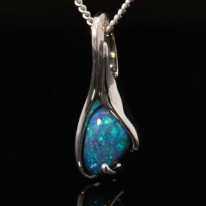 White Gold Blue Green Solid Australian Black Opal Pendant Necklace