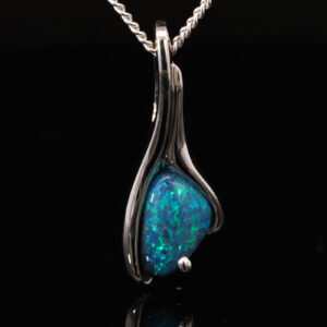 White Gold Blue Green Solid Australian Black Opal Pendant Necklace