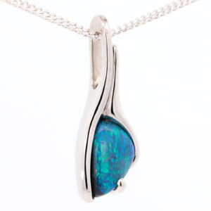 White Gold Blue Green Solid Australian Black Opal Pendant Necklace