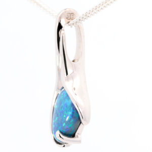 White Gold Blue Green Solid Australian Black Opal Pendant Necklace