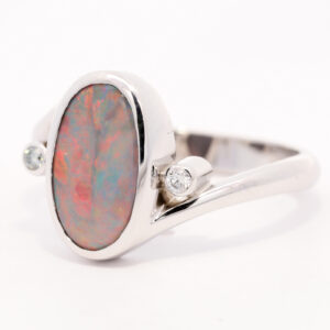 White Gold Blue Green Orange Red Solid Australian Semi Black Opal and Diamond Engagement Ring