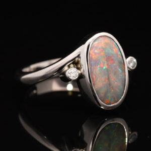 White Gold Blue Green Orange Red Solid Australian Semi Black Opal and Diamond Engagement Ring