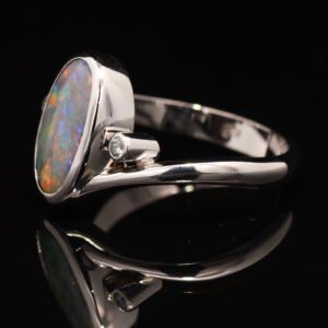 White Gold Blue Green Orange Red Solid Australian Semi Black Opal and Diamond Engagement Ring