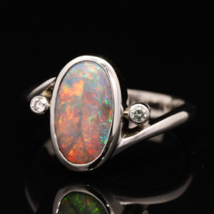 White Gold Blue Green Orange Red Solid Australian Semi Black Opal and Diamond Engagement Ring