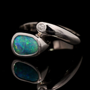 White Gold Blue Green Solid Australian Boulder Opal and Diamond Engagement Ring