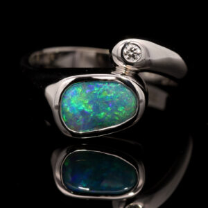 White Gold Blue Green Solid Australian Boulder Opal and Diamond Engagement Ring