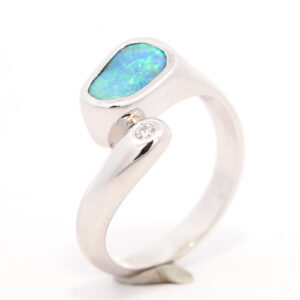 White Gold Blue Green Solid Australian Boulder Opal and Diamond Engagement Ring