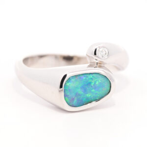 White Gold Blue Green Solid Australian Boulder Opal and Diamond Engagement Ring