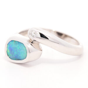 White Gold Blue Green Solid Australian Boulder Opal and Diamond Engagement Ring