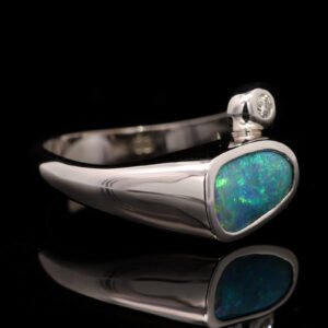 White Gold Blue Green Solid Australian Boulder Opal and Diamond Engagement Ring