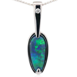 White Gold Blue Green Solid Australian Black Opal and Diamond Pendant Necklace