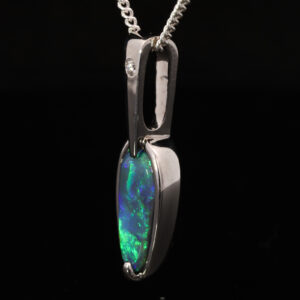 White Gold Blue Green Solid Australian Black Opal and Diamond Pendant Necklace