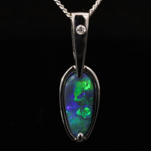 White Gold Blue Green Solid Australian Black Opal and Diamond Pendant Necklace