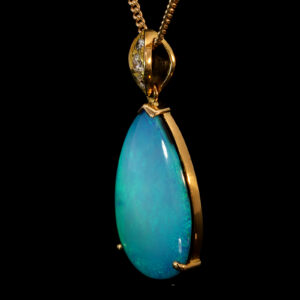 Yellow Gold Blue Green Solid Australian Black Opal and Diamond Pendant Necklace