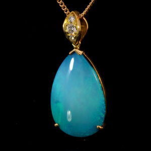 Yellow Gold Blue Green Solid Australian Black Opal and Diamond Pendant Necklace
