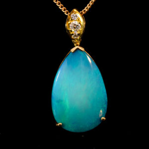 Yellow Gold Blue Green Solid Australian Black Opal and Diamond Pendant Necklace
