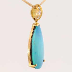 Yellow Gold Blue Green Solid Australian Black Opal and Diamond Pendant Necklace