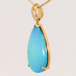 Yellow Gold Blue Green Solid Australian Black Opal and Diamond Pendant Necklace
