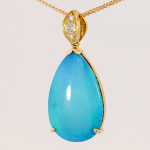 Yellow Gold Blue Green Solid Australian Black Opal and Diamond Pendant Necklace
