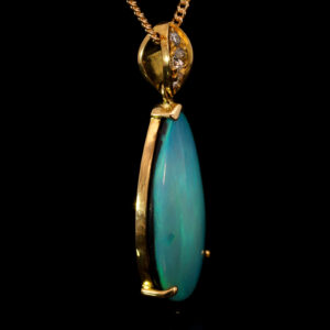 Yellow Gold Blue Green Solid Australian Black Opal and Diamond Pendant Necklace