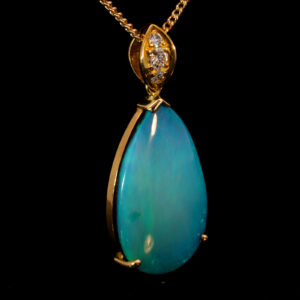 Yellow Gold Blue Green Solid Australian Black Opal and Diamond Pendant Necklace