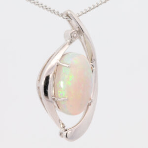 White Gold Blue Green Solid Australian Crystal Opal and Diamond Pendant Necklace