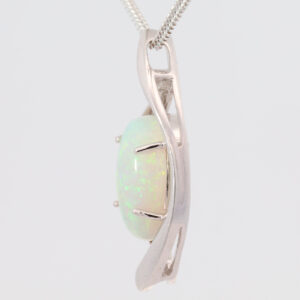 White Gold Blue Green Solid Australian Crystal Opal and Diamond Pendant Necklace